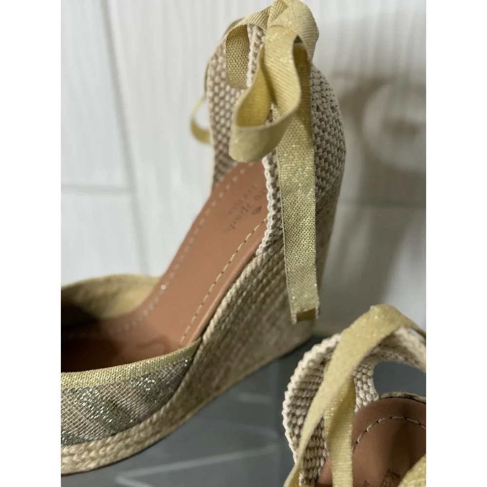 Kate Spade Gold Tan Espadrille Wedge Ankle Tie Sandals Shoes Women's Size 8M EUC